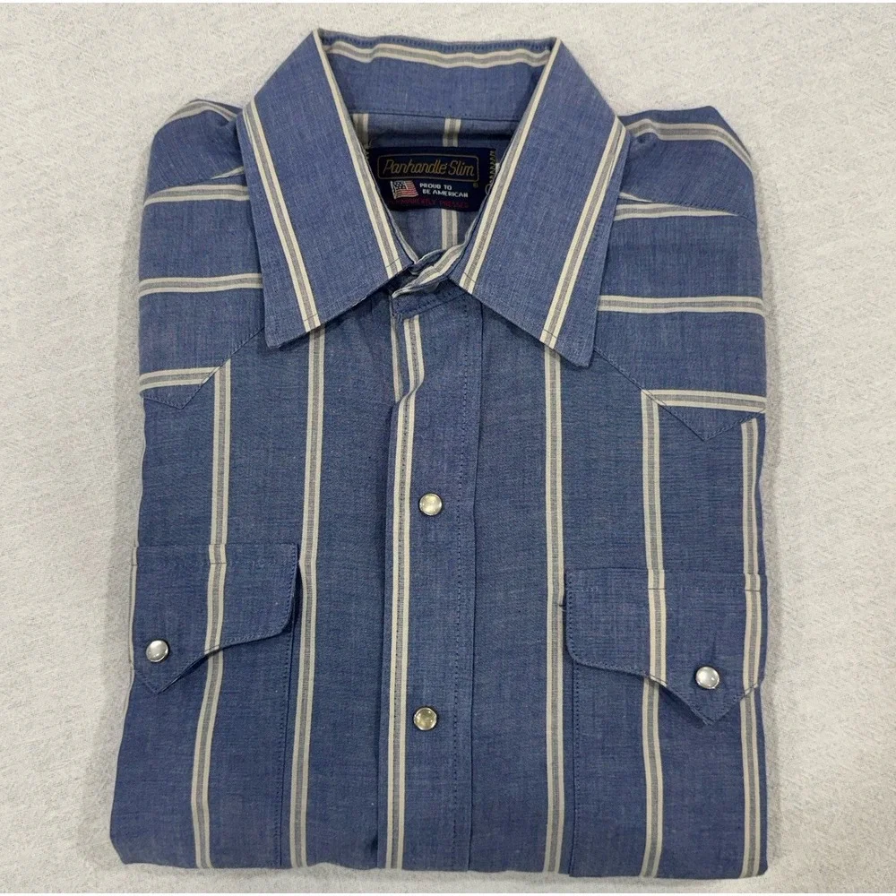 Panhandle Slim Pearl Snap Blue Western Shirt Men's Large 16-35 Made In USA